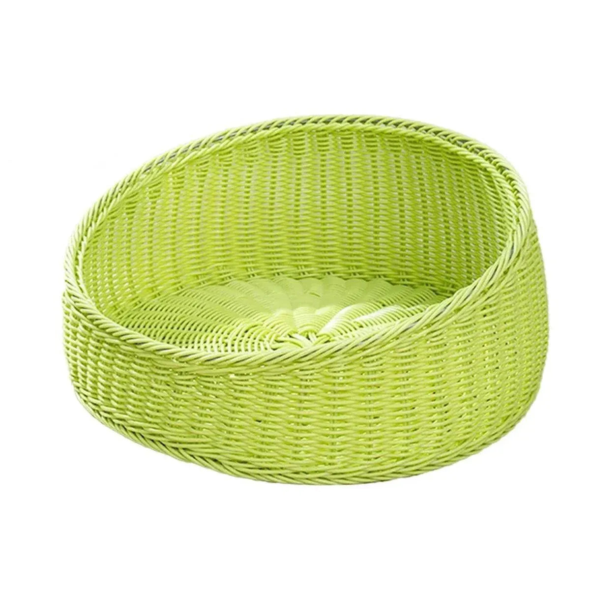 Green woven rattan-style cat nest bed, oval with raised rim
