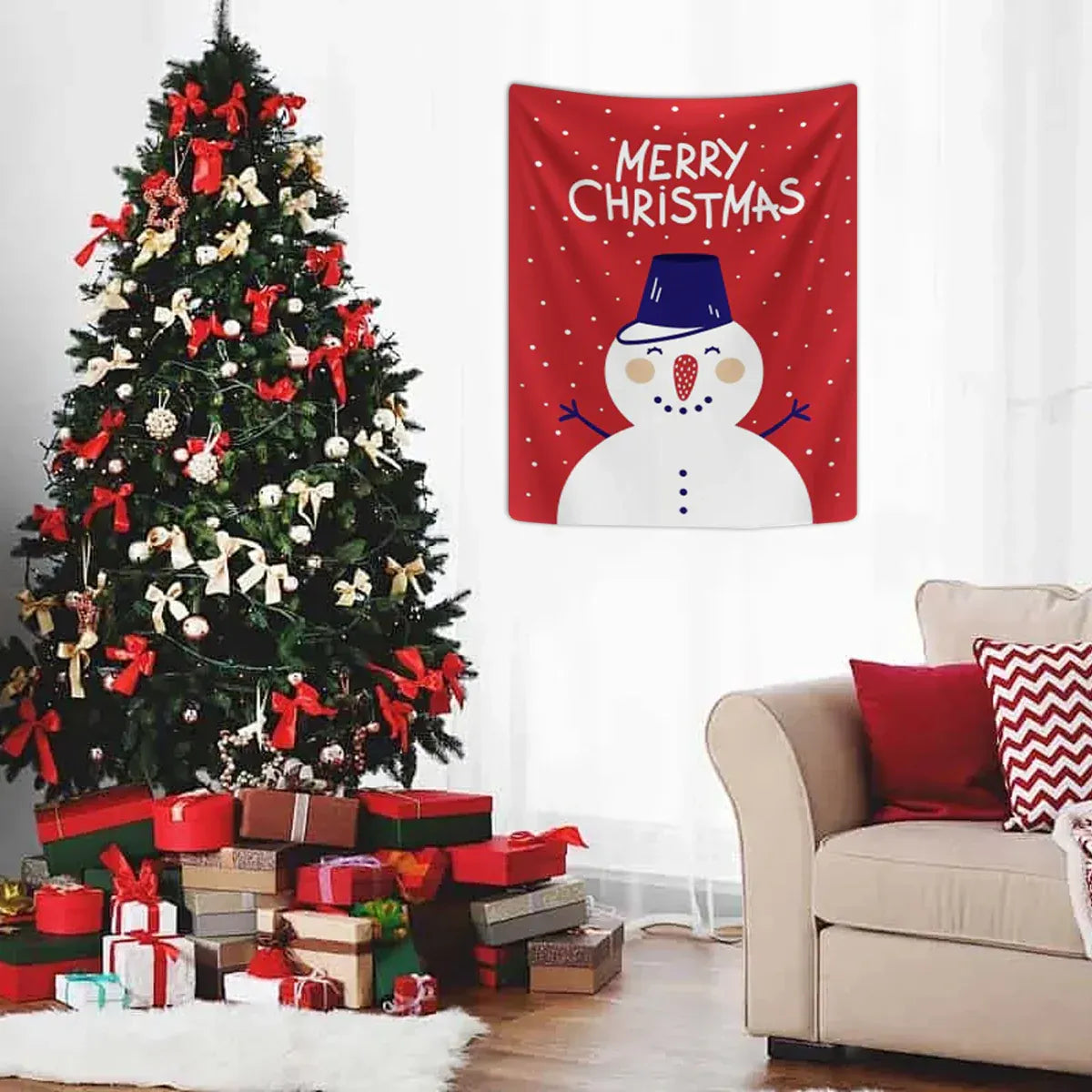 Christmas wall hanging banner with red snowman and 'MERRY CHRISTMAS' at top