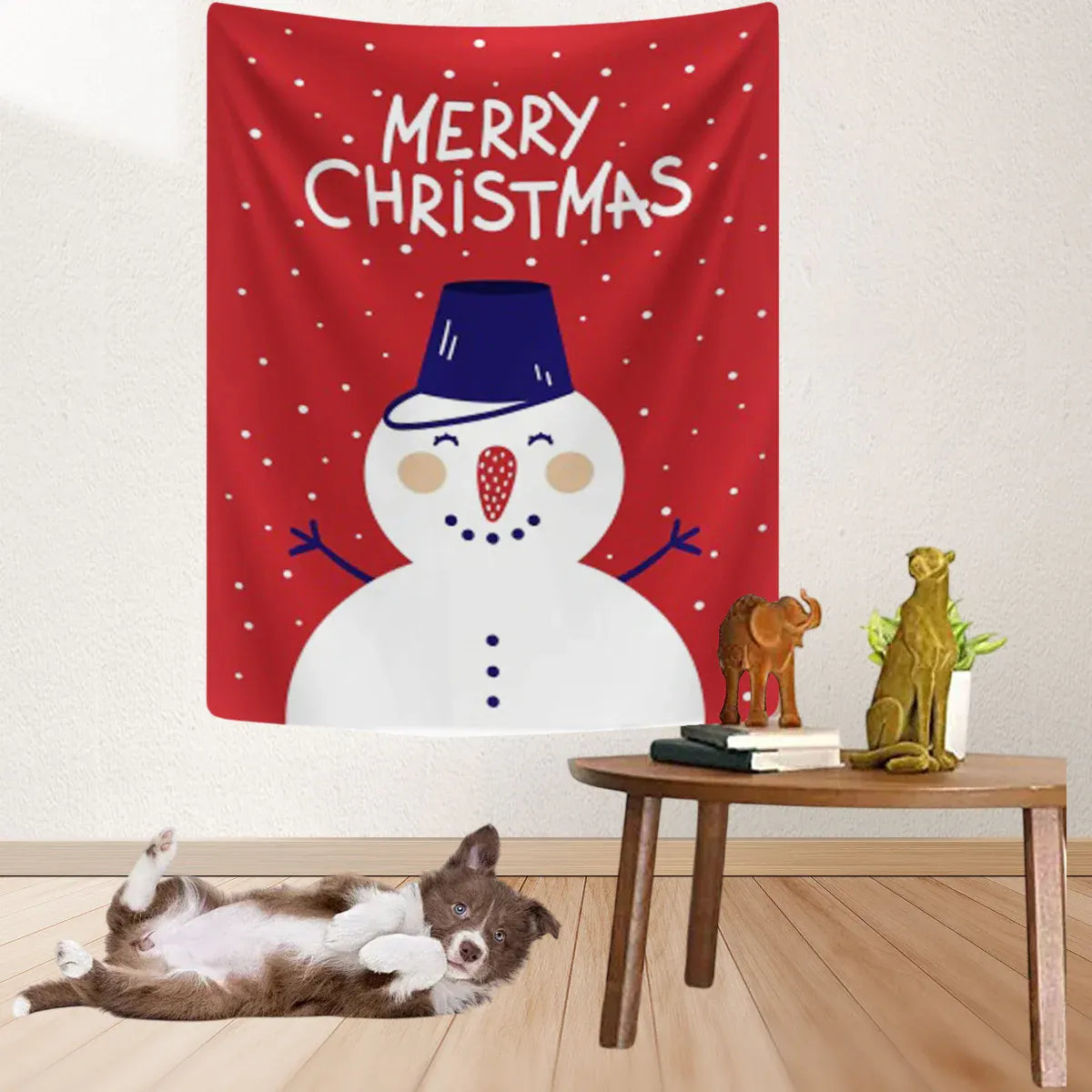 Christmas hanging cloth featuring red snowman with blue hat and 'MERRY CHRISTMAS'