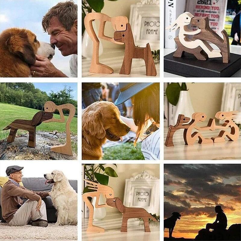 Handmade Wooden Statue Sitting Family and Dog Craft Home Decor - B01