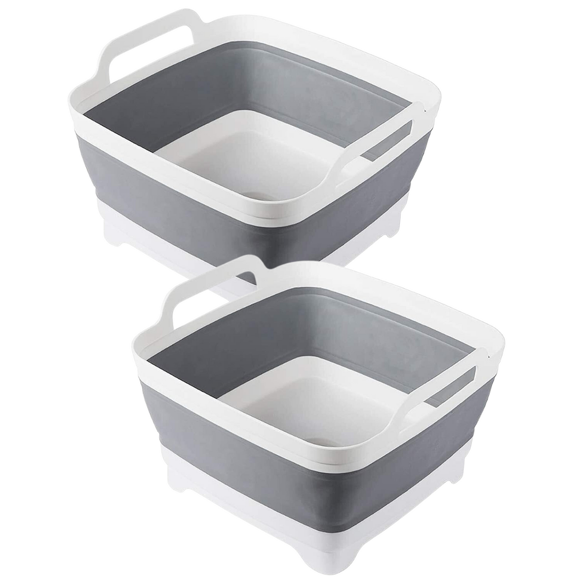 Collapsible grey and white strainer basket with side handles for washing fruits and vegetables