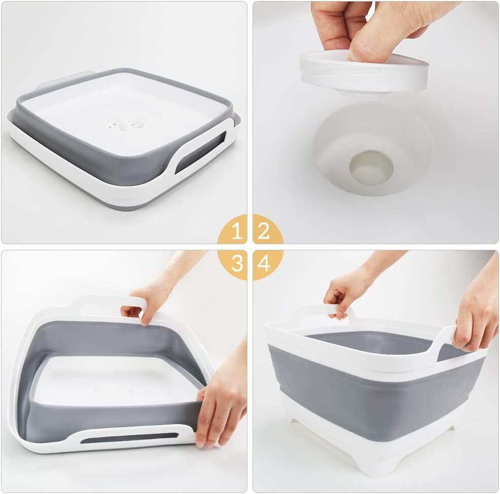 Grey and white foldable strainer basket with removable top handle and drain opening