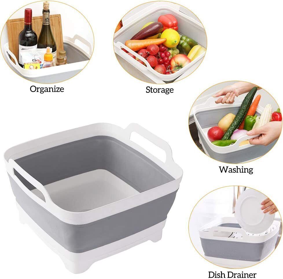 Foldable grey and white collapsible strainer basket for organizing, storage, and washing