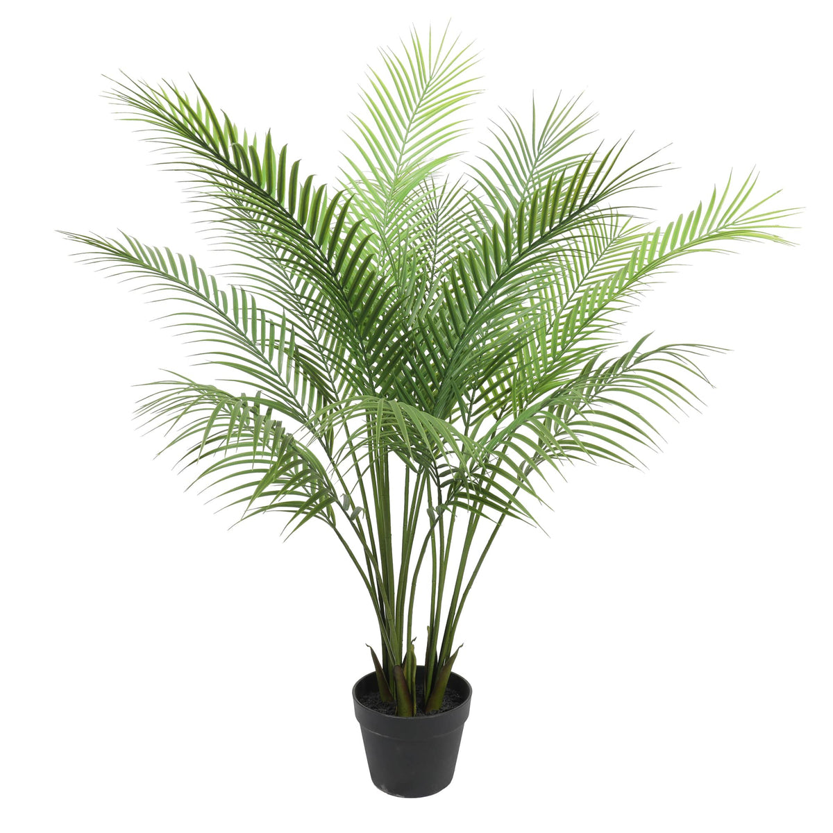 Artificial areca palm tree in black plastic pot with green fronds, 120cm tall