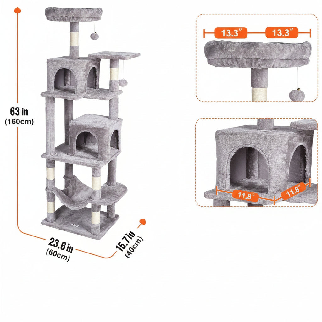 Cat Tree 160 cm Cat Tower with 2 Cat Condos Scratching Post Light Grey