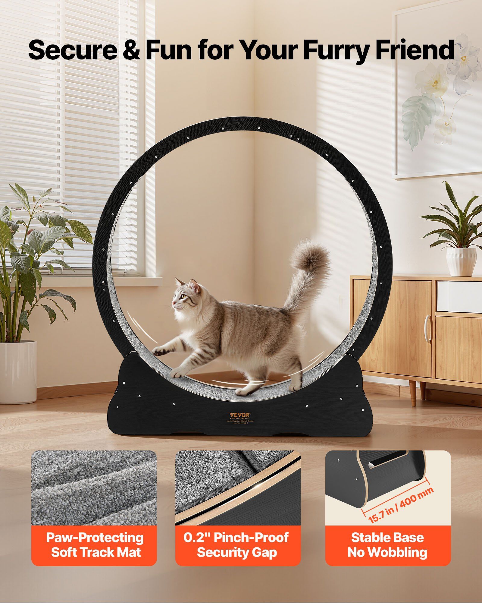 Cat Exercise Wheel, 120 cm Wooden Cat Running Wheel for Indoor Cats up to 12.7 kg, Cats Treadmill with Carpeted Runway & Locking Mechanism, Quiet Kitten Sport Toys for Pets Fitness, Black