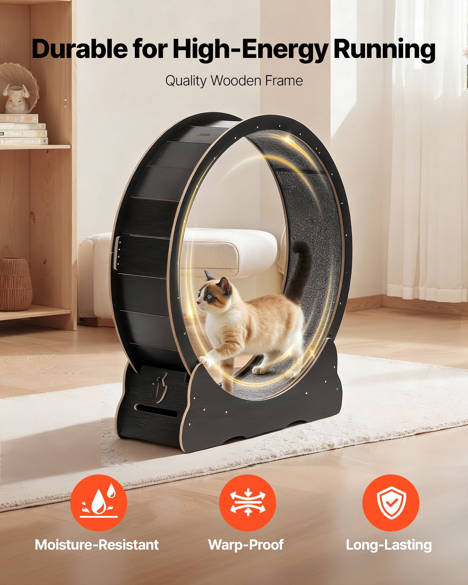 Cat Exercise Wheel, 120 cm Wooden Cat Running Wheel for Indoor Cats up to 12.7 kg, Cats Treadmill with Carpeted Runway & Locking Mechanism, Quiet Kitten Sport Toys for Pets Fitness, Black