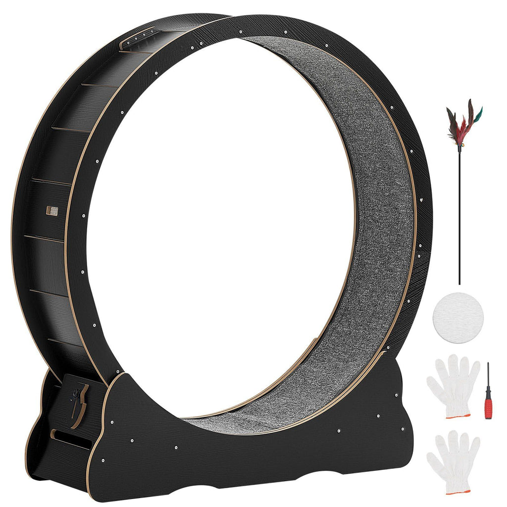 Cat Exercise Wheel, 120 cm Wooden Cat Running Wheel for Indoor Cats up to 12.7 kg, Cats Treadmill with Carpeted Runway & Locking Mechanism, Quiet Kitten Sport Toys for Pets Fitness, Black