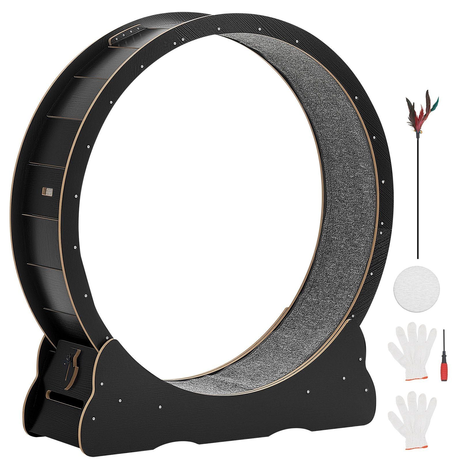 Cat Exercise Wheel, 120 cm Wooden Cat Running Wheel for Indoor Cats up to 12.7 kg, Cats Treadmill with Carpeted Runway & Locking Mechanism, Quiet Kitten Sport Toys for Pets Fitness, Black