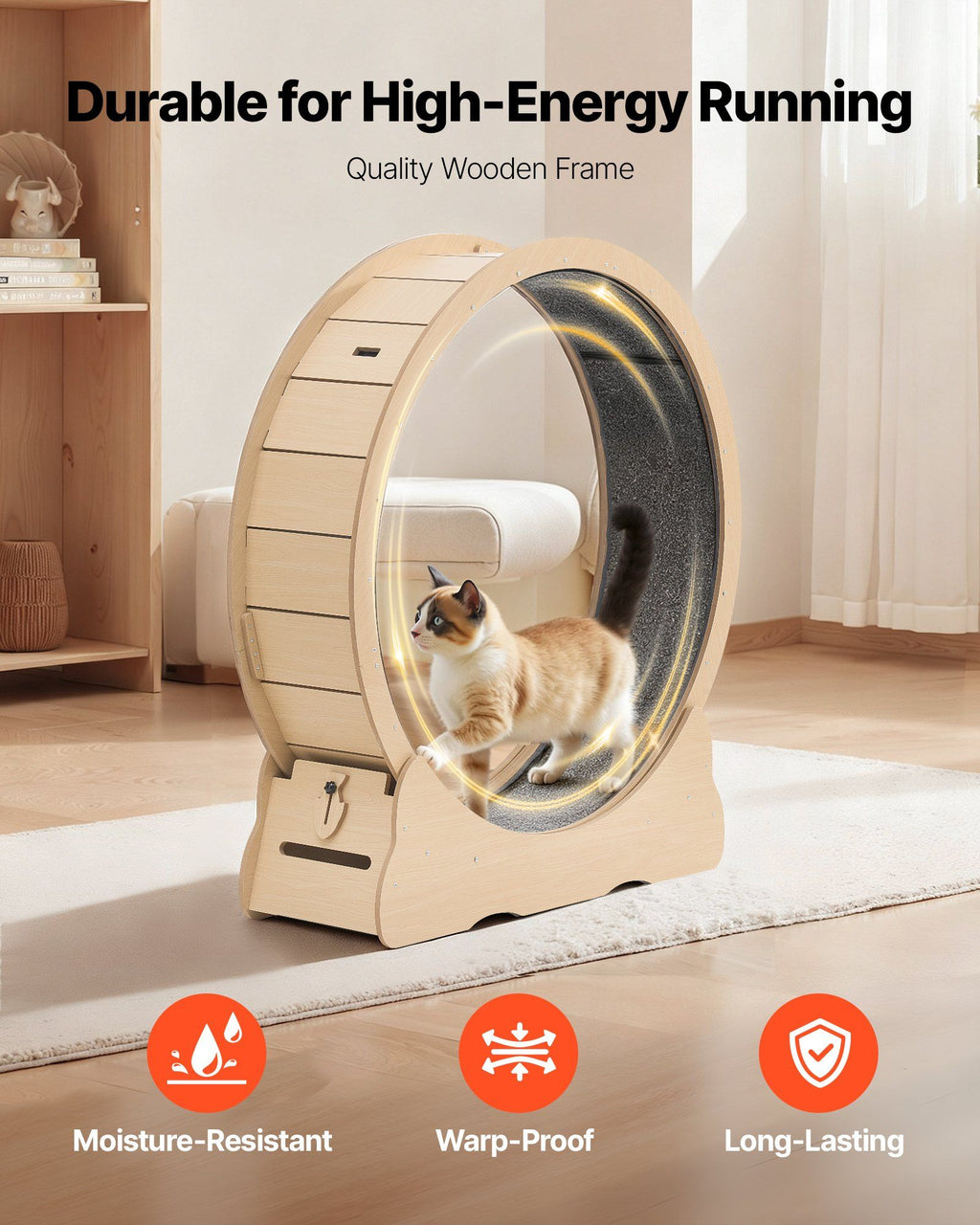 Cat Exercise Wheel, 120cm Wooden Cat Running Wheel for Indoor Cats up to 12.7kg Cats Treadmill with Carpeted Runway & Locking Mechanism, Quiet Roller Kitten Sport Toys for Pets Fitness & Health