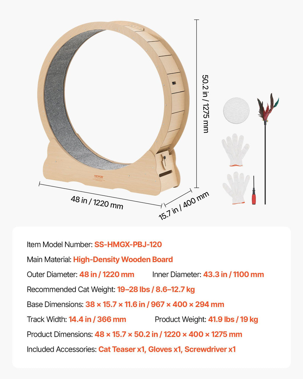 Cat Exercise Wheel, 120cm Wooden Cat Running Wheel for Indoor Cats up to 12.7kg Cats Treadmill with Carpeted Runway & Locking Mechanism, Quiet Roller Kitten Sport Toys for Pets Fitness & Health