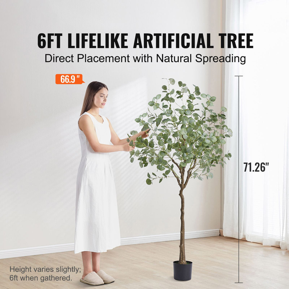 Woman standing next to a 6ft lifelike artificial tree with measurements displayed.