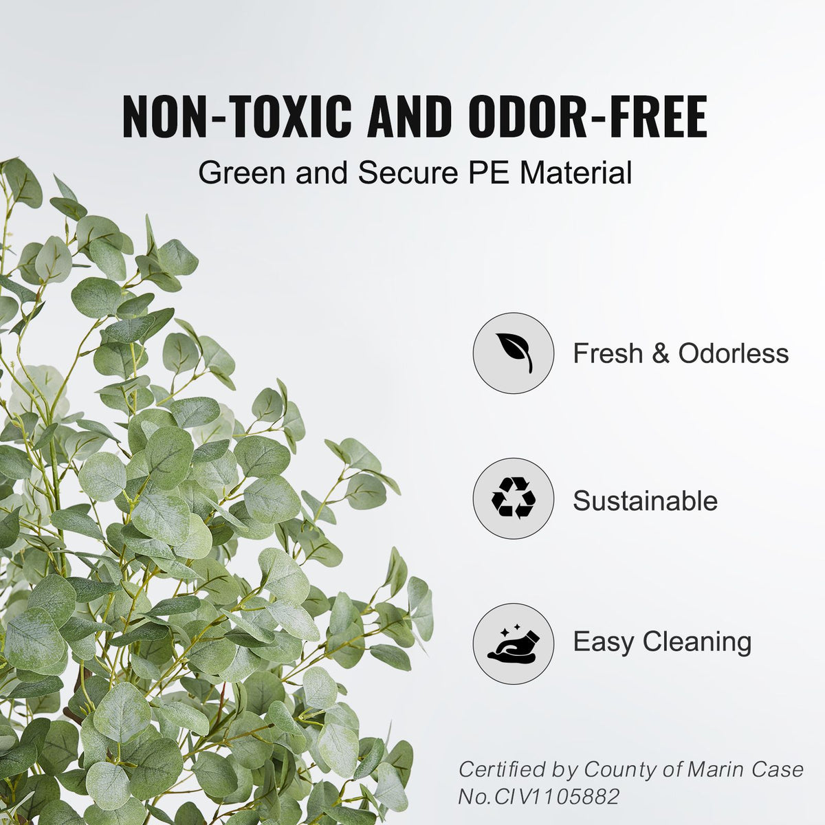 Green leafy material with text about non-toxic, odor-free, green, and secure PE material.