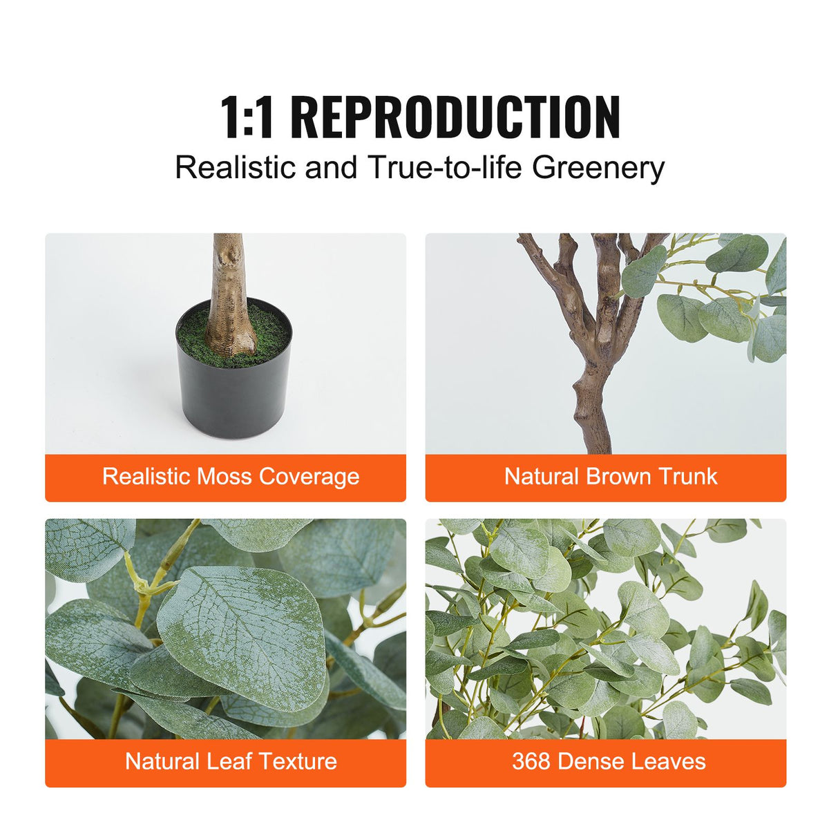 Promotional image of artificial greenery with text highlighting features like realistic moss coverage, natural brown trunk, and dense leaf texture.