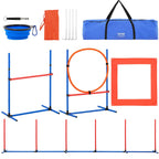 Dog Agility Training Equipment, 4 PCS Set with Adjustable High Hurdles,6 Weave Poles,Jump Ring,Square Pause Box,Whistle,Foldable Bowl, Puppy Obstacle Course Kit for Backyard, Indoor, Outdoor