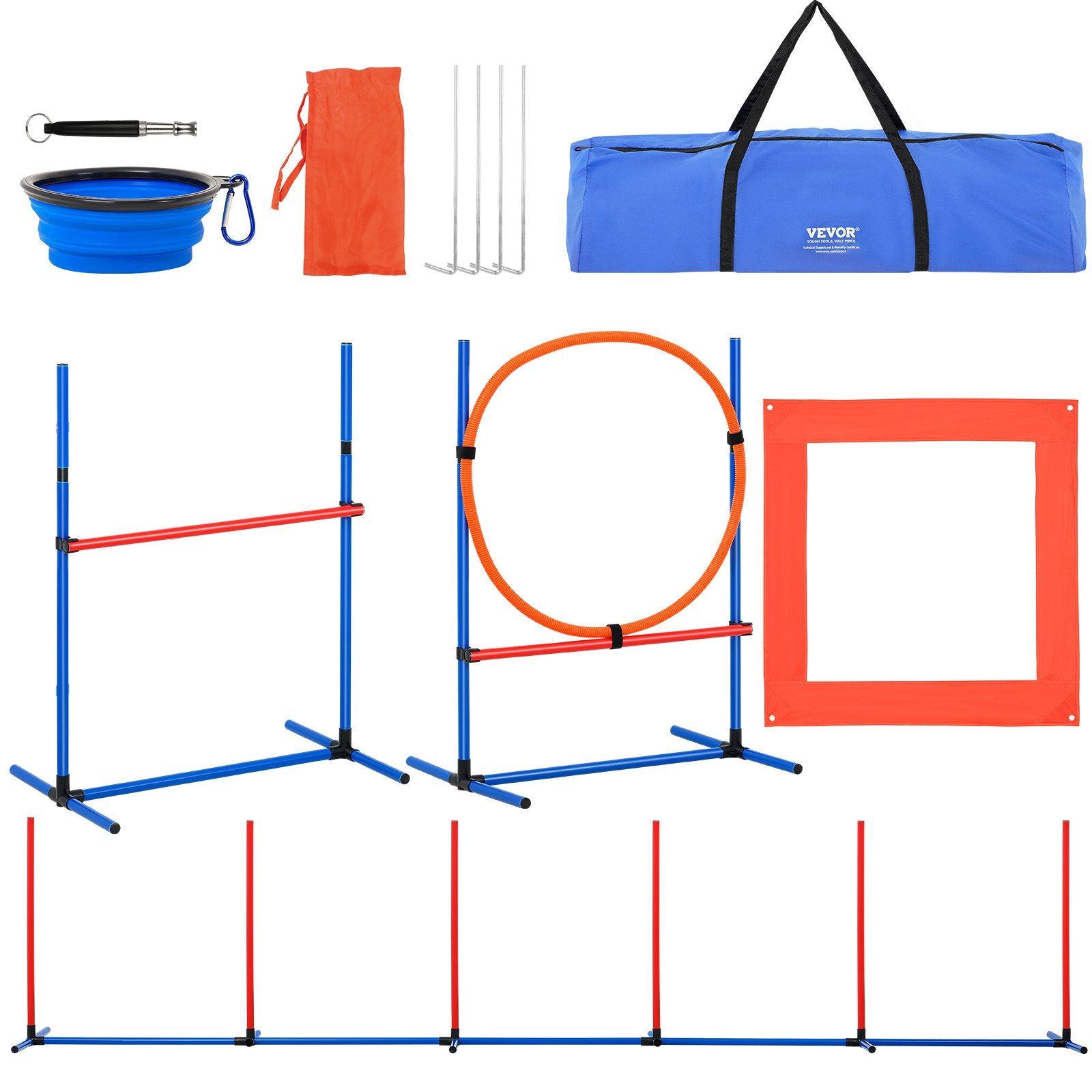 Dog Agility Training Equipment, 4 PCS Set with Adjustable High Hurdles,6 Weave Poles,Jump Ring,Square Pause Box,Whistle,Foldable Bowl, Puppy Obstacle Course Kit for Backyard, Indoor, Outdoor