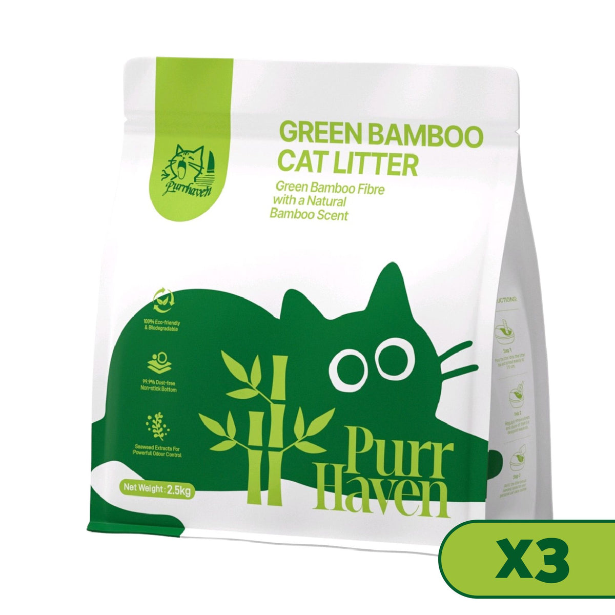 Green bamboo cat litter bag with Purr Haven branding and X3 pack icon