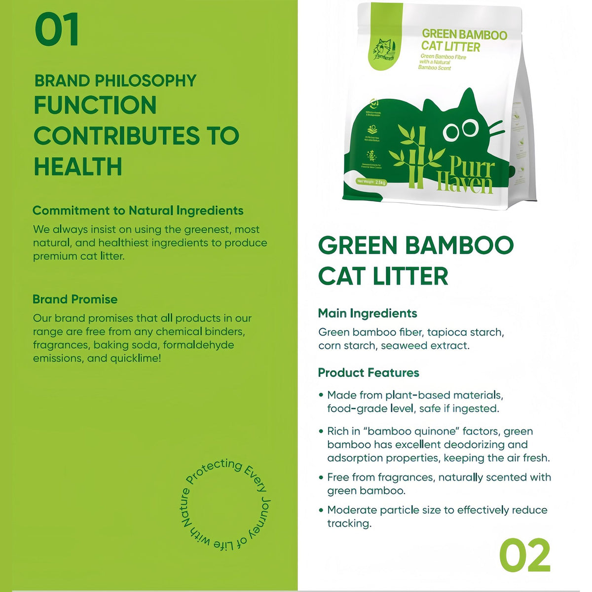 Green bamboo cat litter product page with bag plus ingredients and features