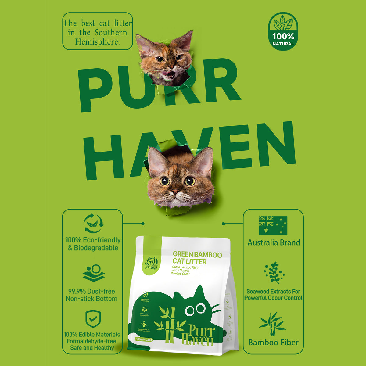 Green bamboo cat litter pack with cat faces and bag illustration