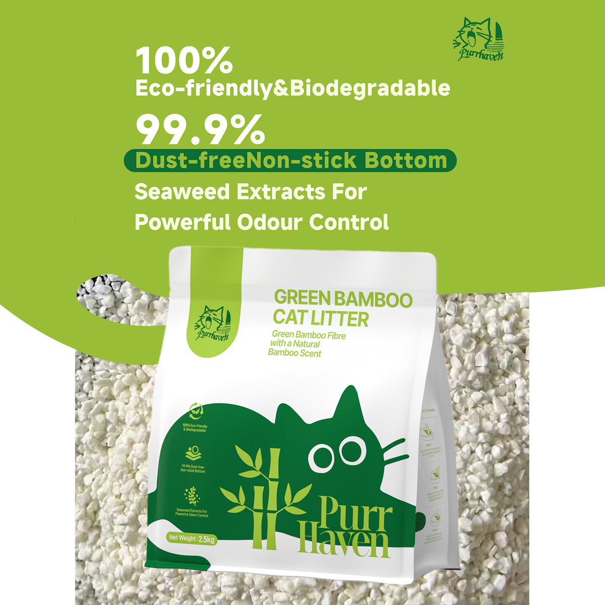 Eco-friendly green bamboo cat litter bag graphic with cat silhouette.
