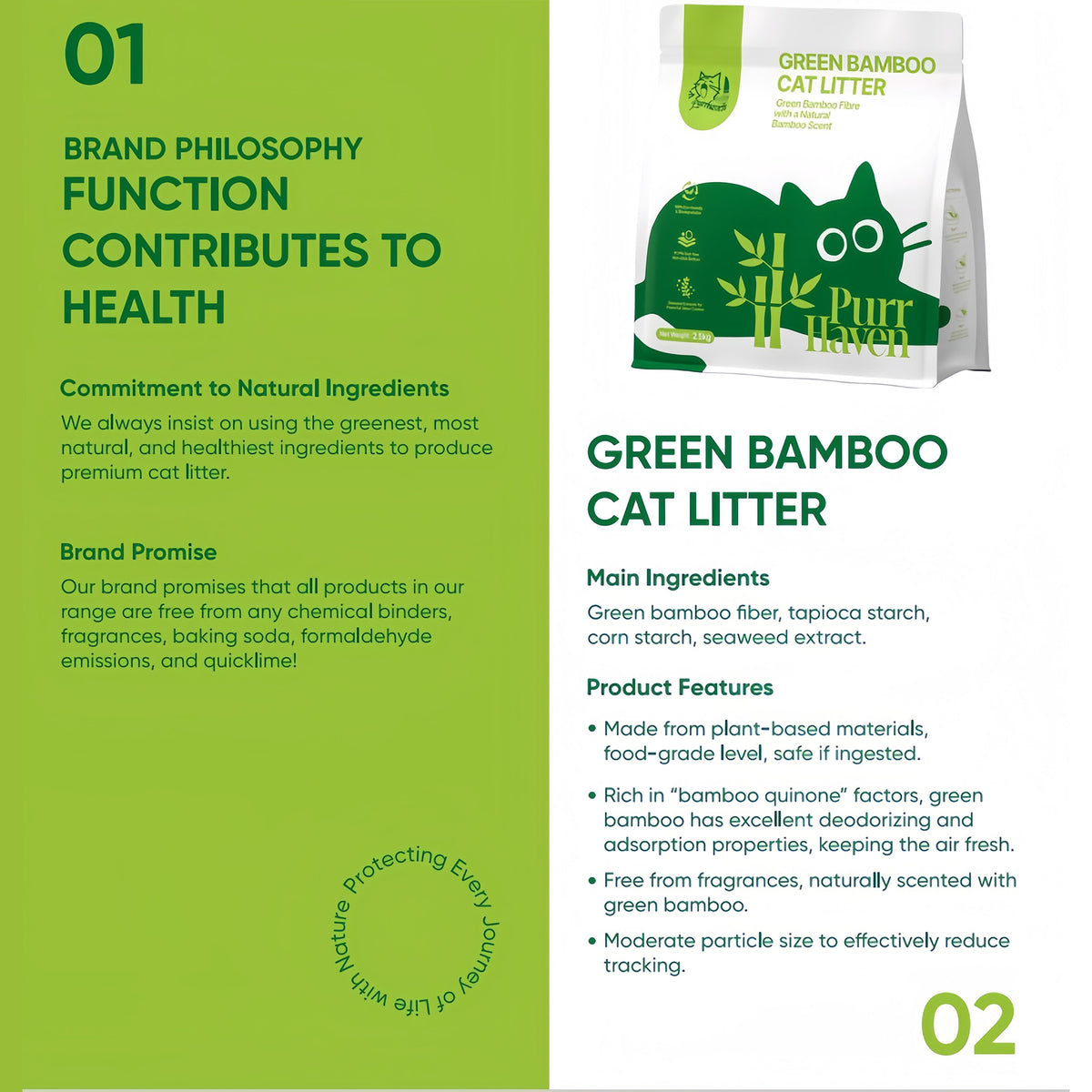 Green bamboo cat litter information panel with ingredients and product features.