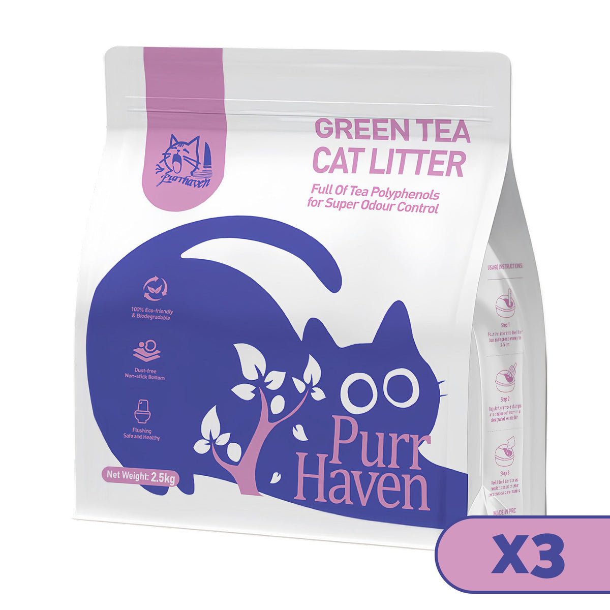 Cat litter bag with Green Tea scent, PurrHaven 3-pack