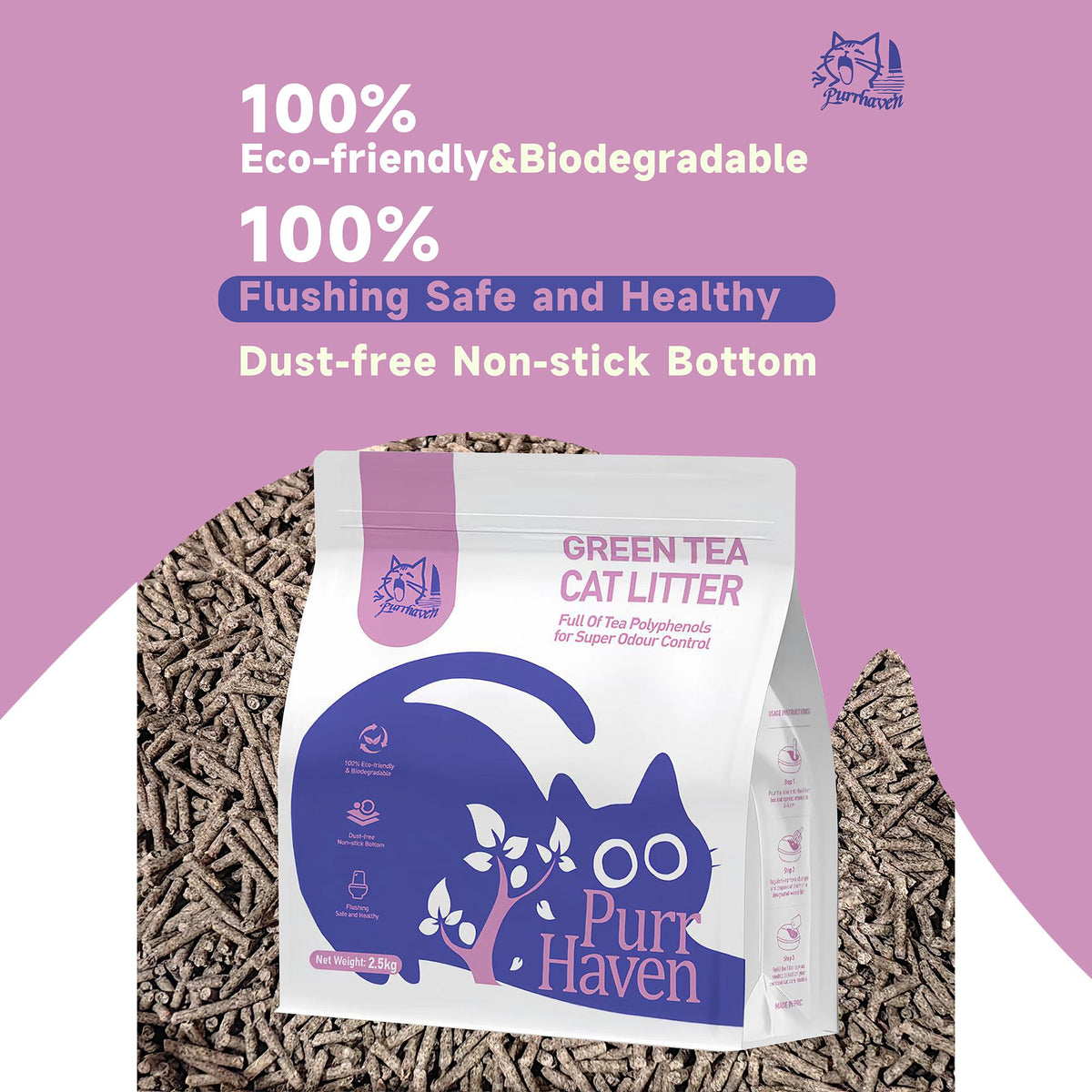 Cat litter bag with Green Tea label and PurrHaven cat logo