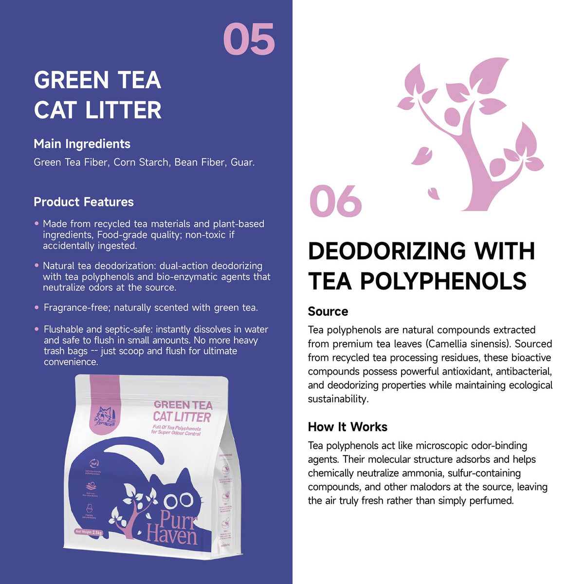 Cat litter package info panel showing ingredients and deodorizing tea polyphenols
