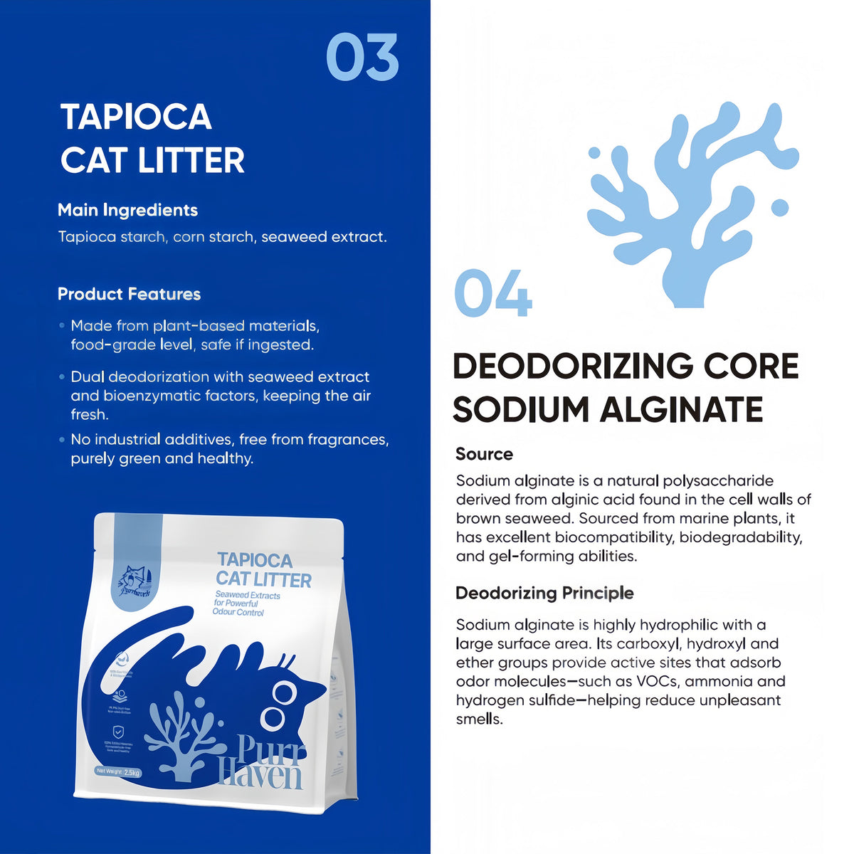 Tapioca cat litter packaging info panel with a small litter bag shown.