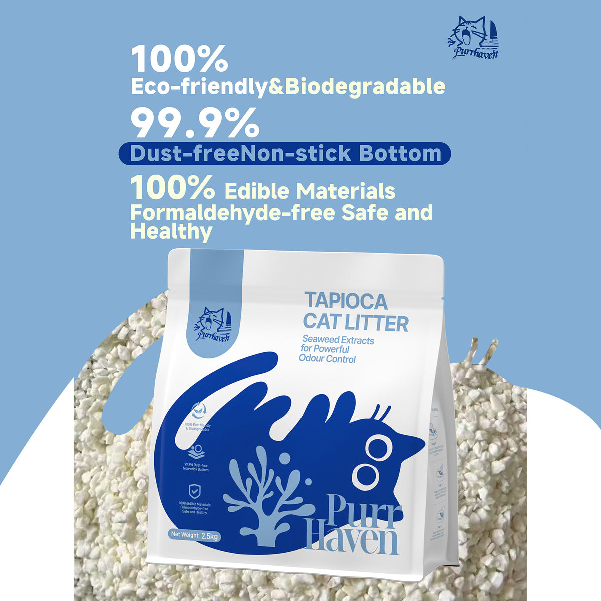 PurrHaven Tapioca cat litter bag with blue logo and white granules