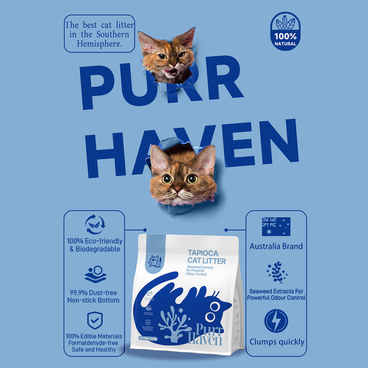 PurrHaven Tapioca cat litter set with bag and cat-themed graphics