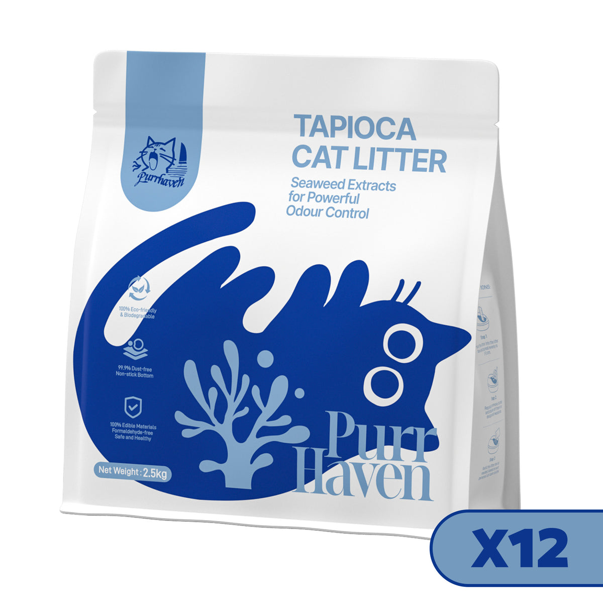 PurrHaven Tapioca cat litter bag front view, labeled X12, with blue logo