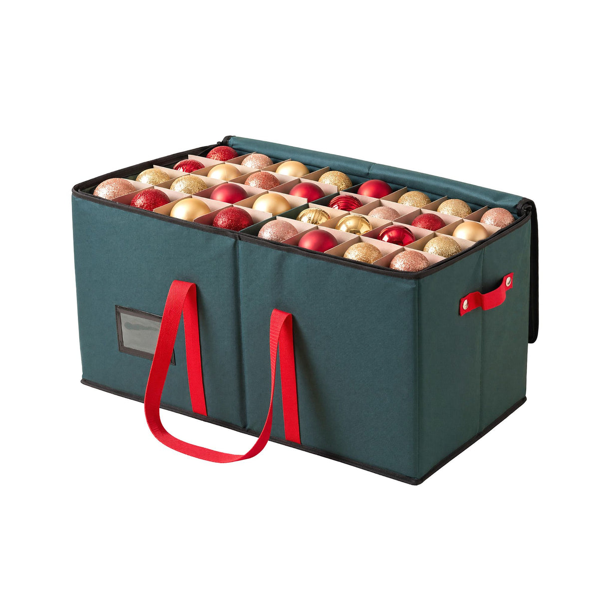 Teal fabric Christmas bauble storage box with open lid and red handles, slot compartments