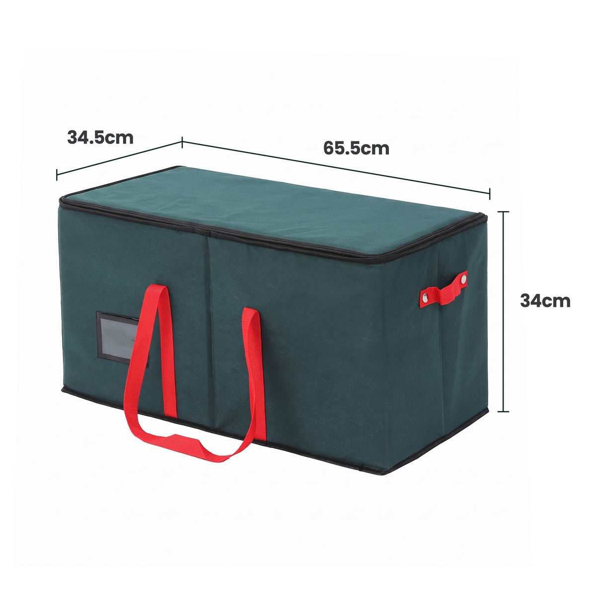 Teal storage box for Christmas ornaments with red handles, front label pocket, measured size