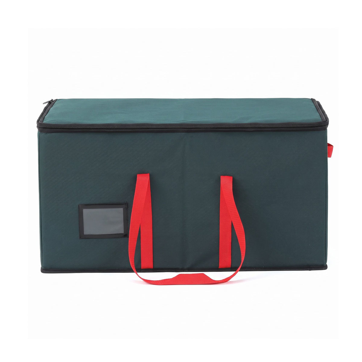 Teal Christmas ornament storage box with red handles and front mesh window pocket