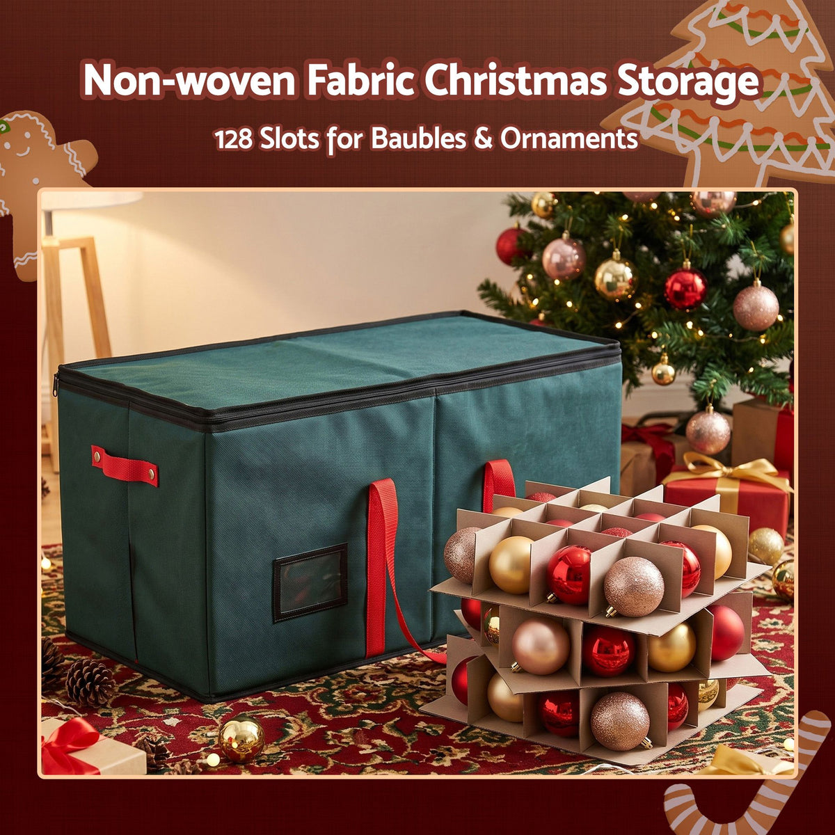 Teal non-woven bauble storage box with red handles and open-top compartment dividers