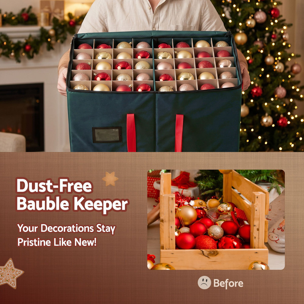 Teal bauble organizer box with hinged open lid, red handles, and grid of ornament slots