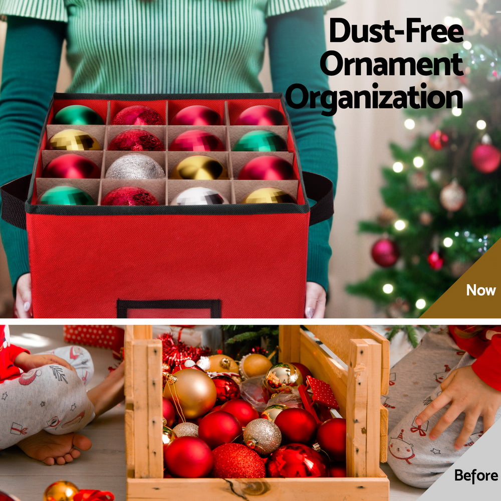 Red ornament storage box holding assorted ornaments in separate divider cells