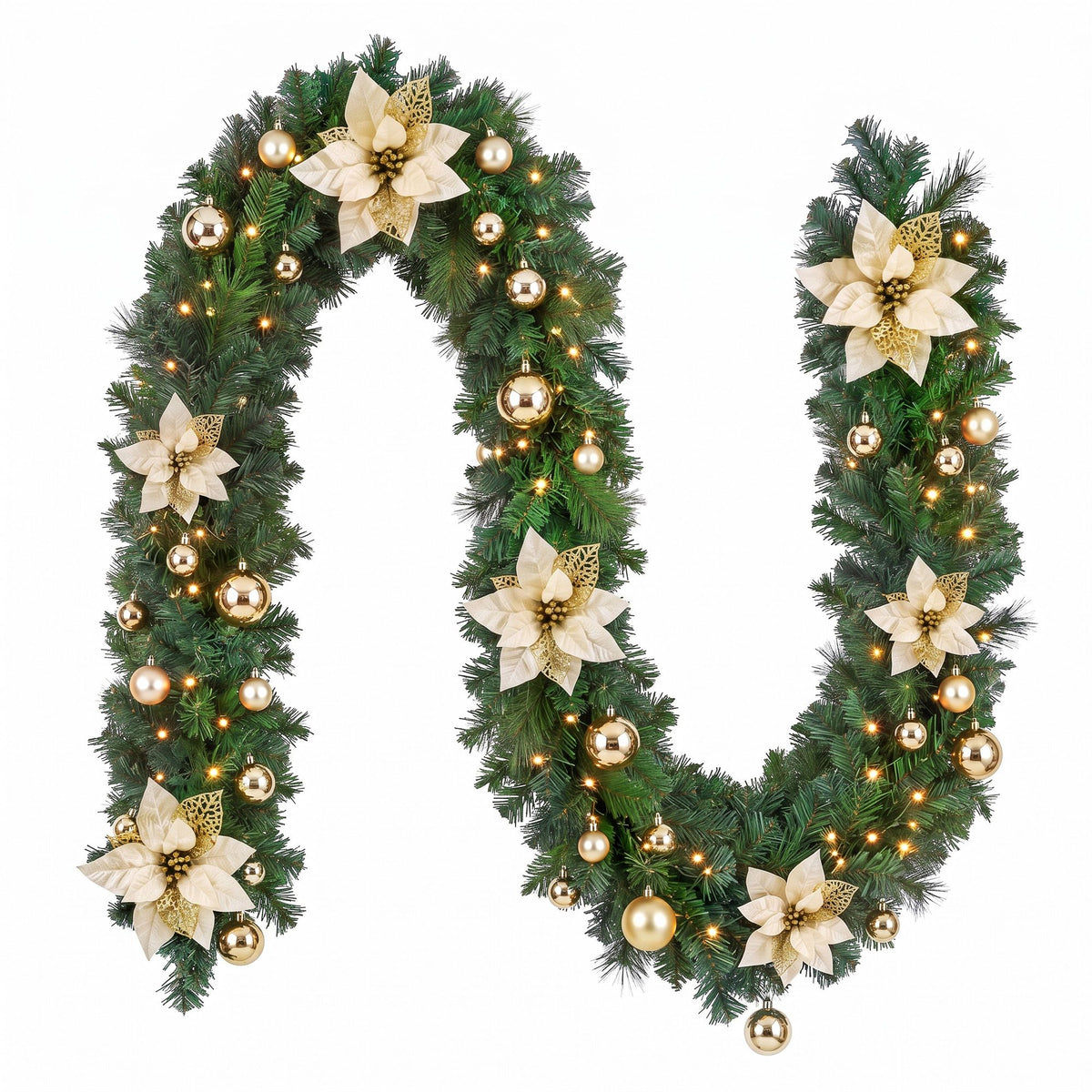 Pre-lit Christmas garland with gold baubles and cream poinsettia blooms, looped like a wreath.