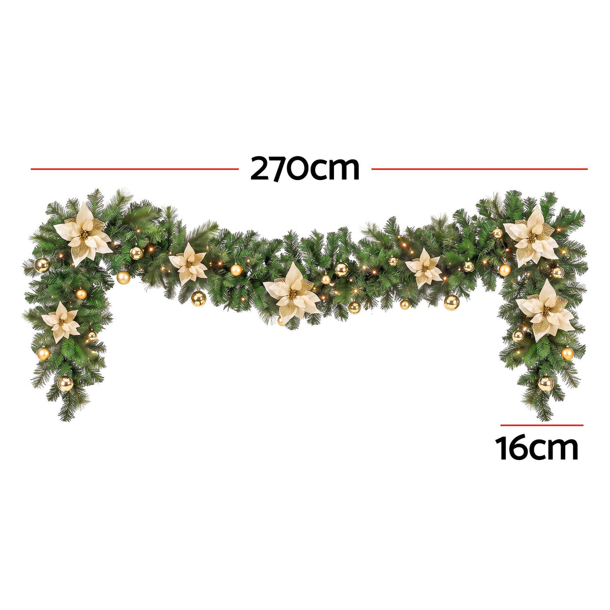 270cm pre-lit garland with gold baubles and cream poinsettia flowers, spread-out length view.