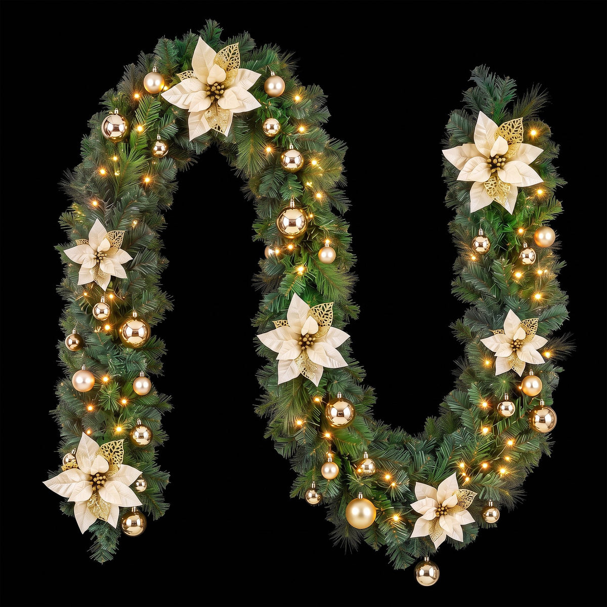 Looped pre-lit garland with gold baubles and cream poinsettia flowers, U-shape display.