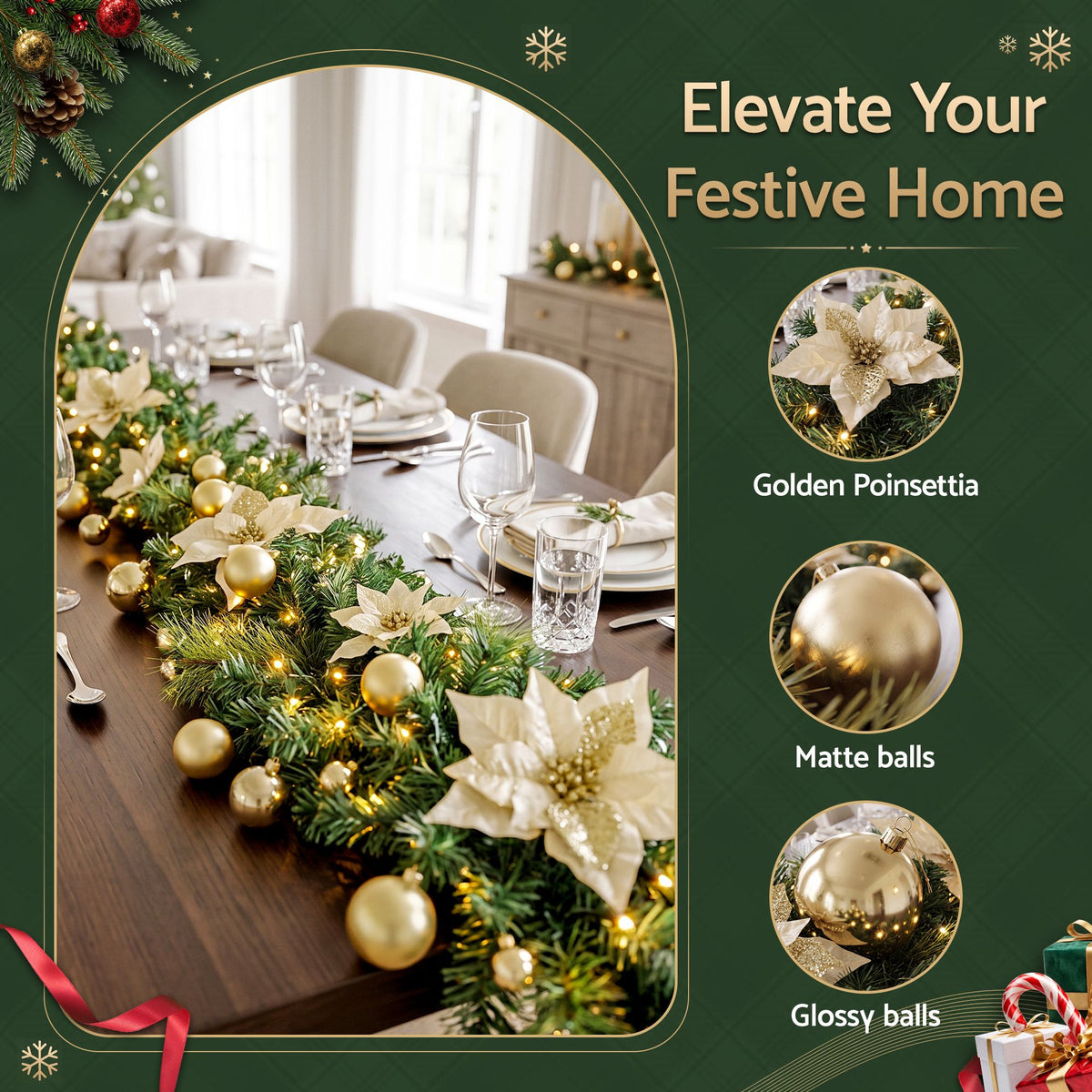 Pre-lit garland with cream poinsettia blooms and gold ball ornaments for holiday decor.
