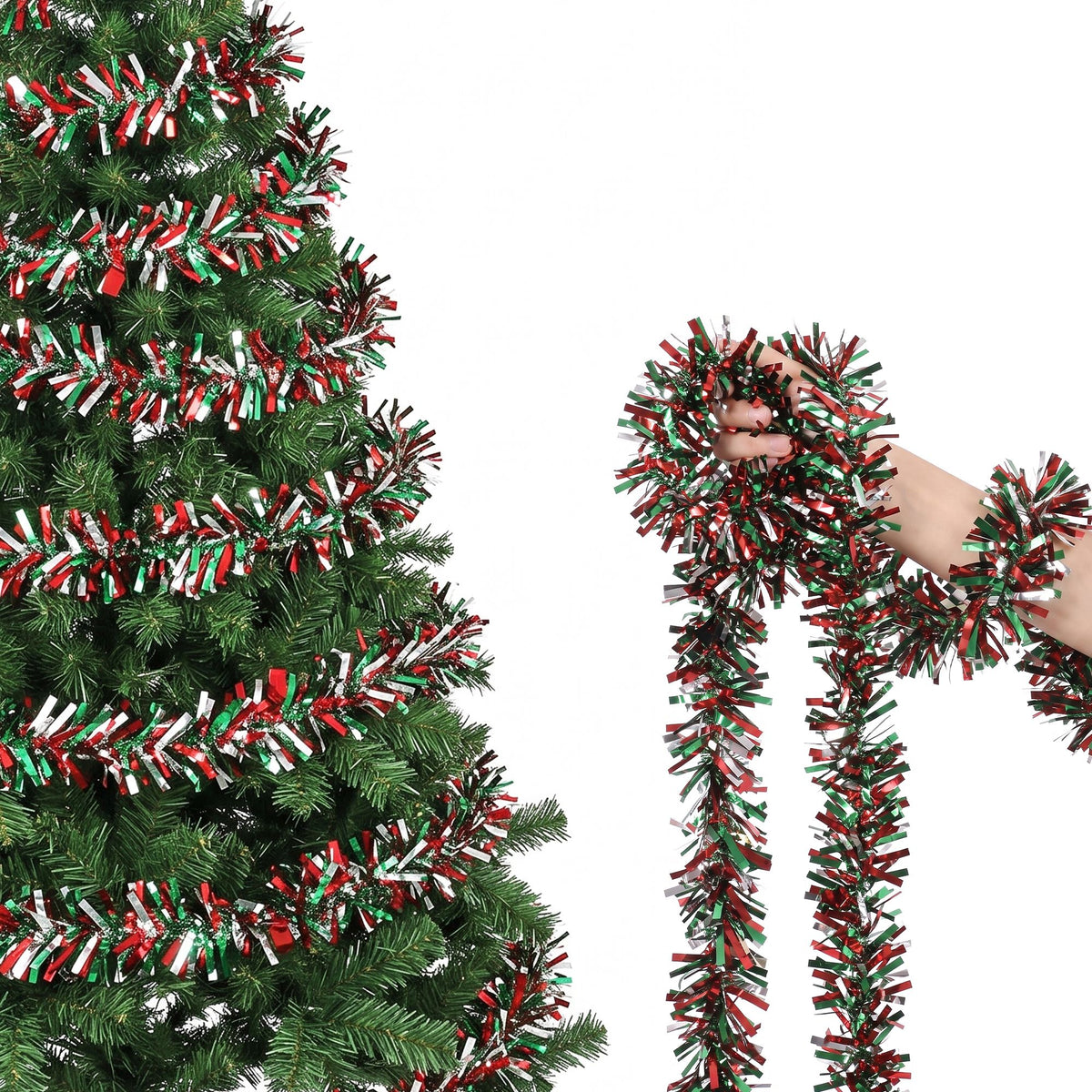 Red, green, and silver tinsel Christmas garland with dense metallic strands