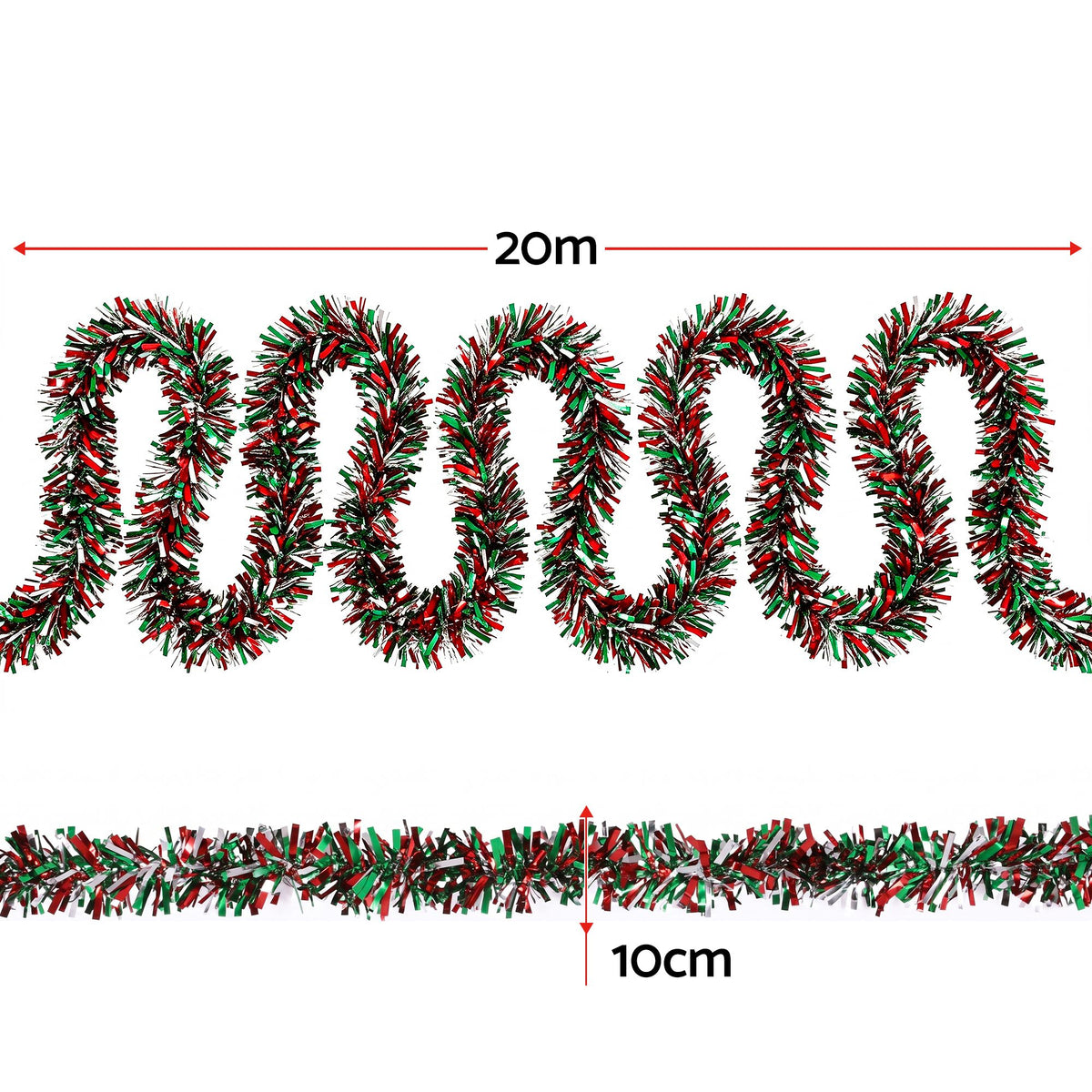 Red, green, and silver tinsel garland laid out straight for length