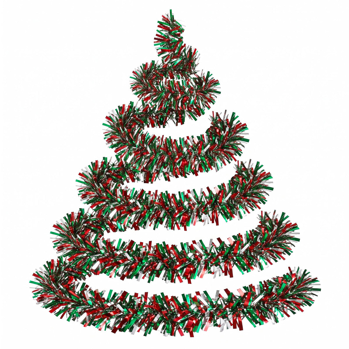 Red, green, and silver tinsel garland coil with layered metallic strands