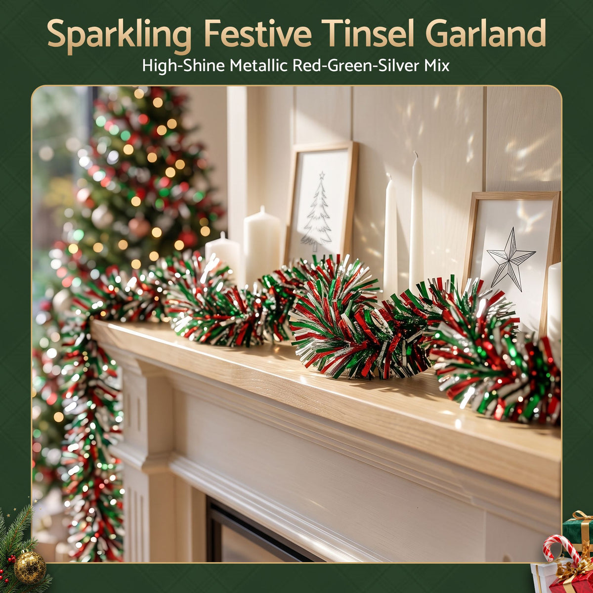 Red, green, and silver tinsel garland draped along a fireplace mantel