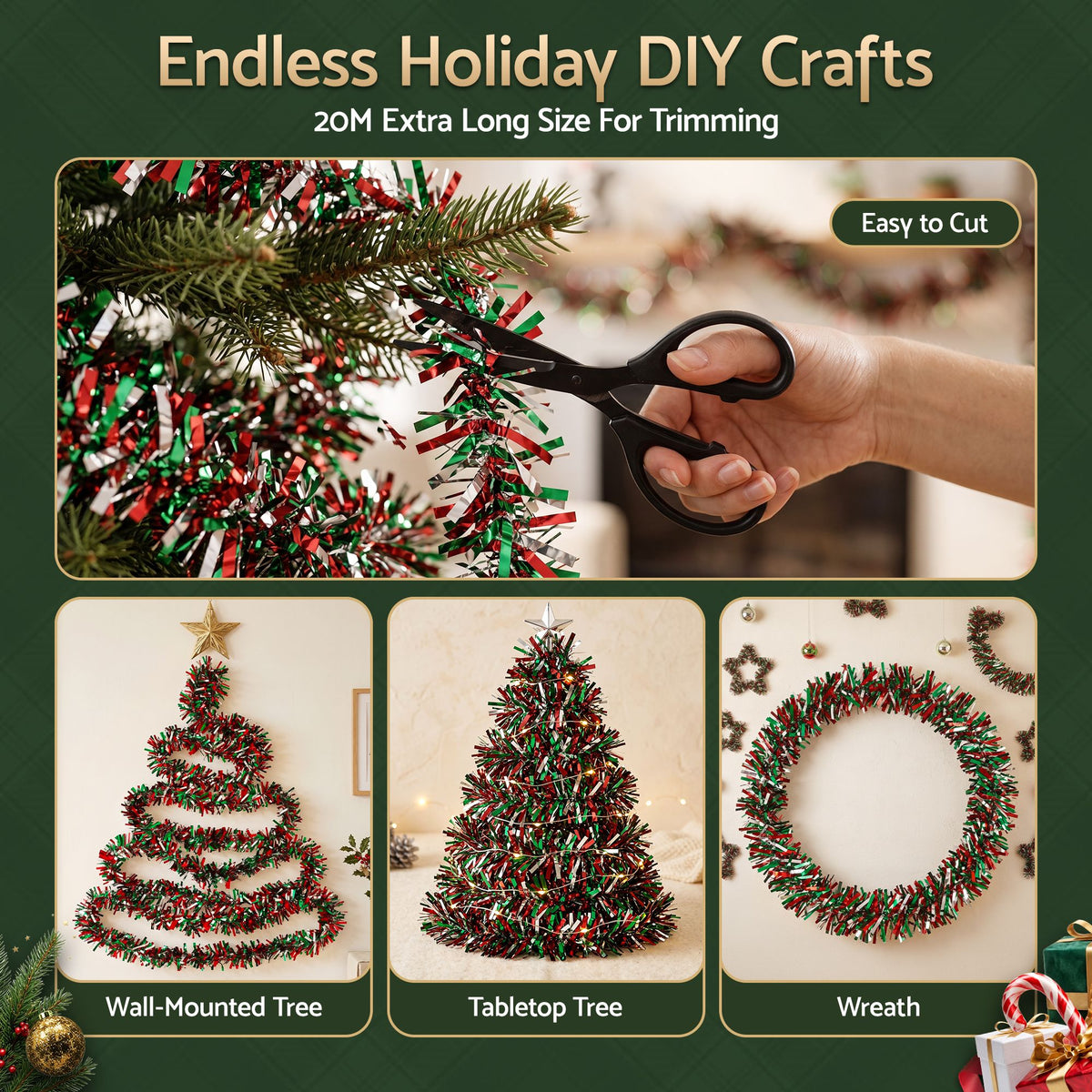 Red, green, and silver tinsel garland strands shown for easy DIY trimming