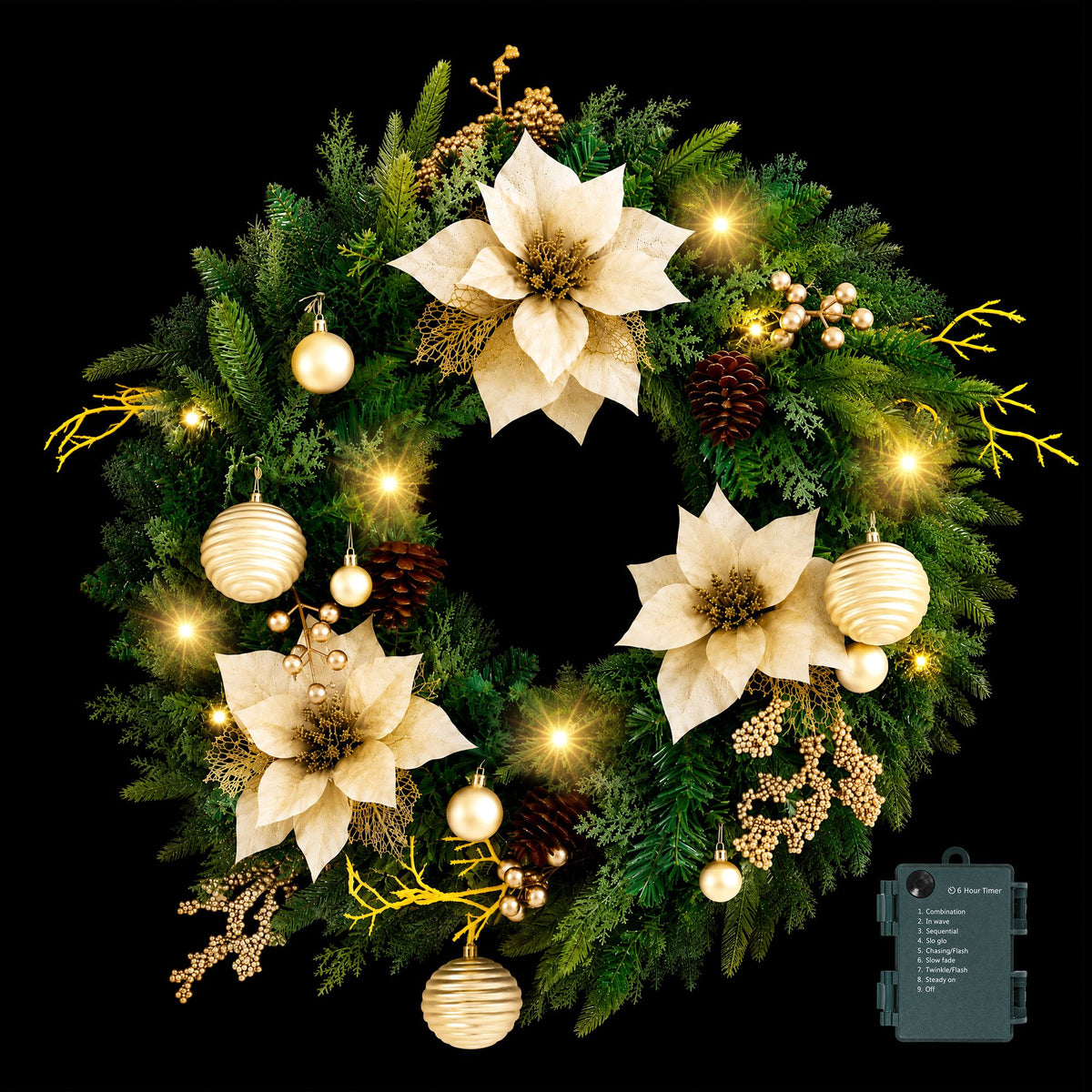 Pre-lit Christmas wreath with cream poinsettias, pinecones, gold ornaments, warm LEDs