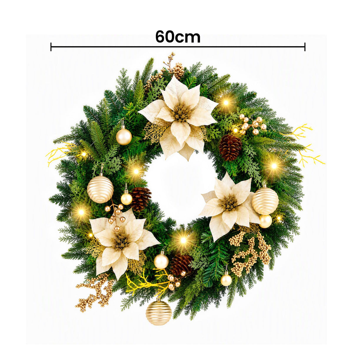 60cm pre-lit Christmas wreath with cream poinsettias, pinecones, gold baubles, warm LEDs