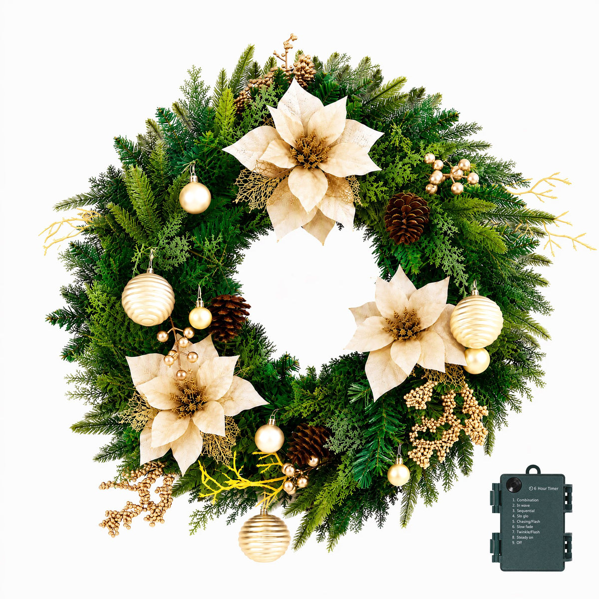 Pre-lit Christmas wreath with cream poinsettias, pinecones, striped gold baubles, warm LEDs